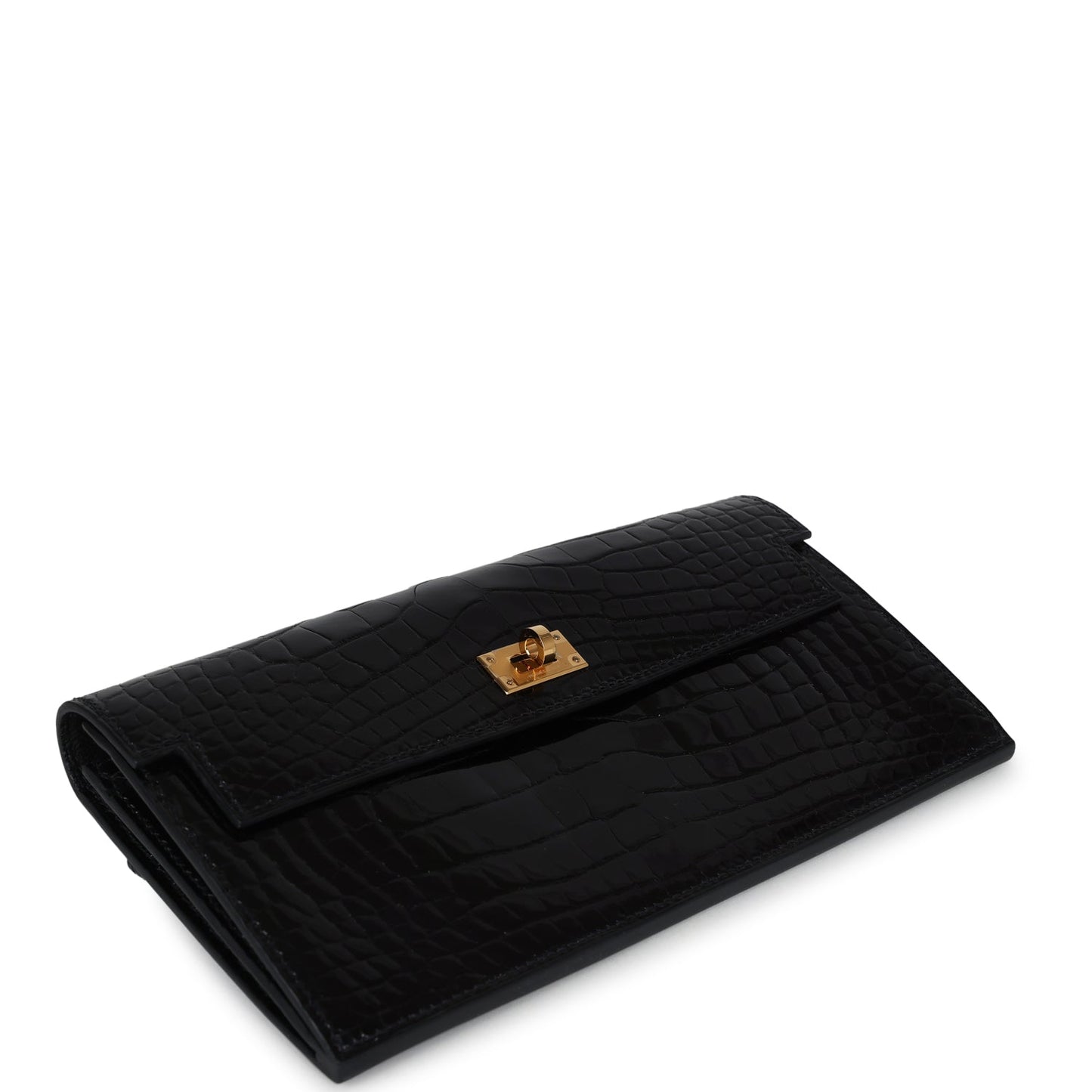 Hermes Kelly Pocket Long Wallet Black Shiny Alligator Gold Hardware