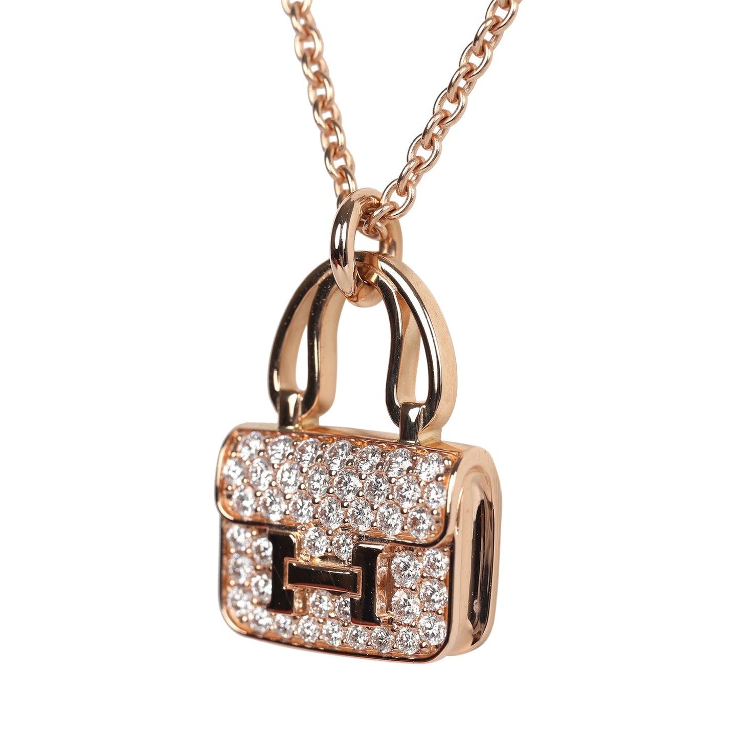 Hermes Amulettes Constance Pendant Necklace Diamonds 18K Rose Gold Hardware