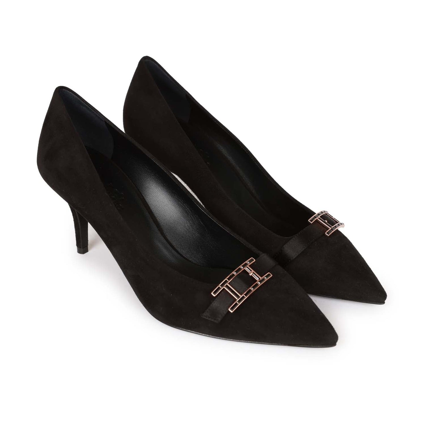 Hermes Blush Pump Black Suede Rose Gold Hardware 38