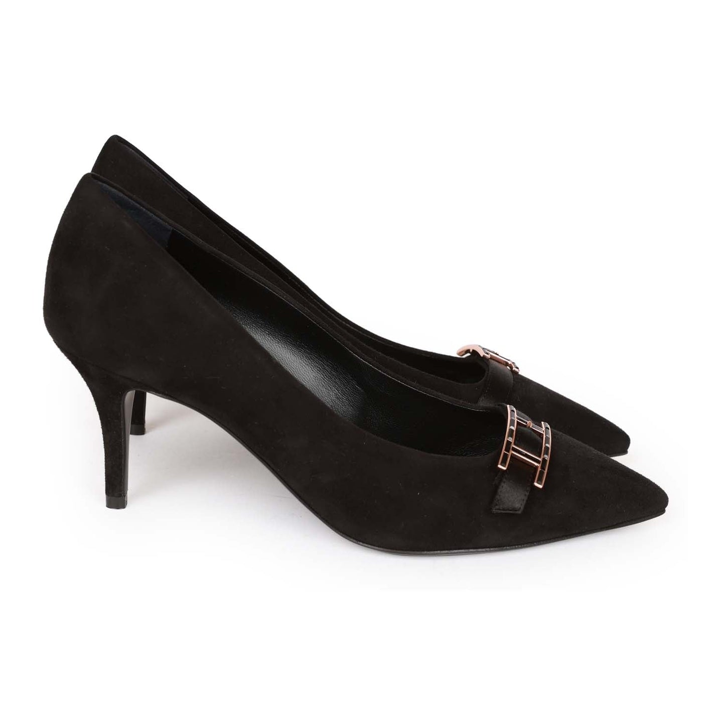 Hermes Blush Pump Black Suede Rose Gold Hardware 38