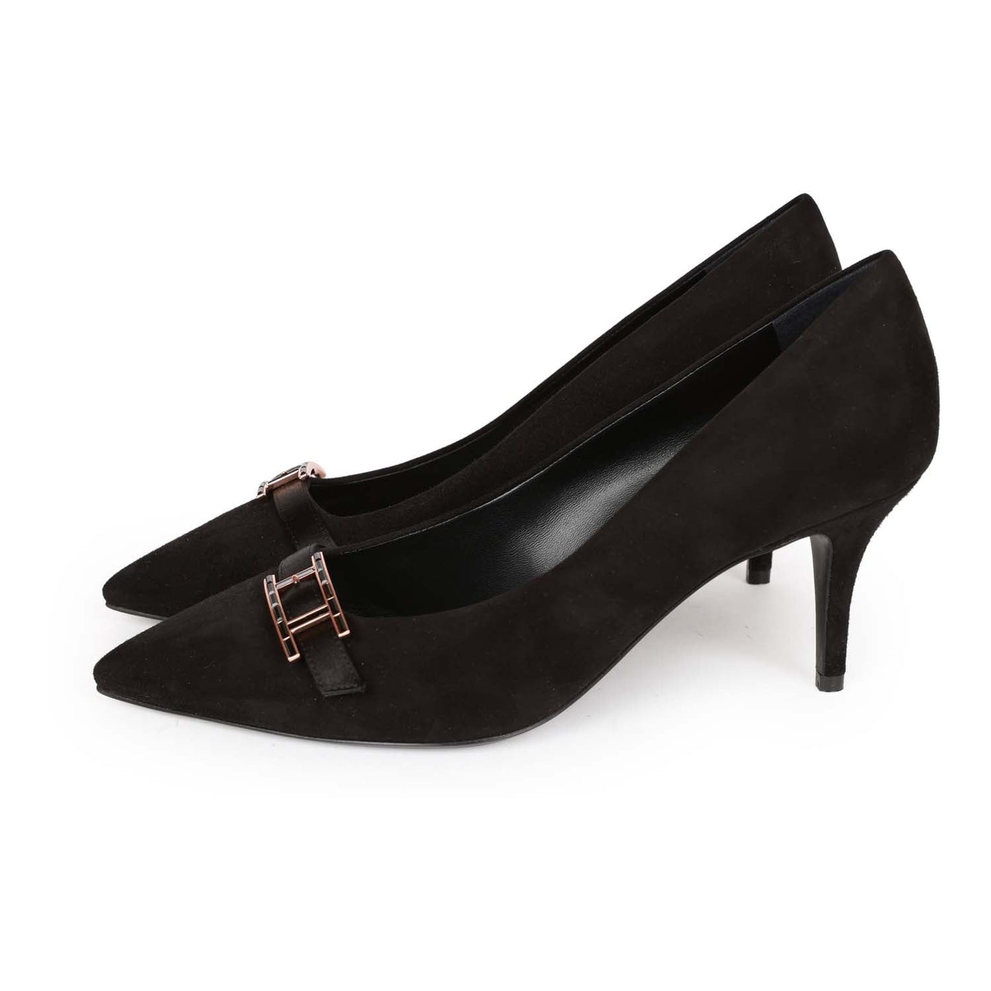 Hermes Blush Pump Black Suede Rose Gold Hardware 38