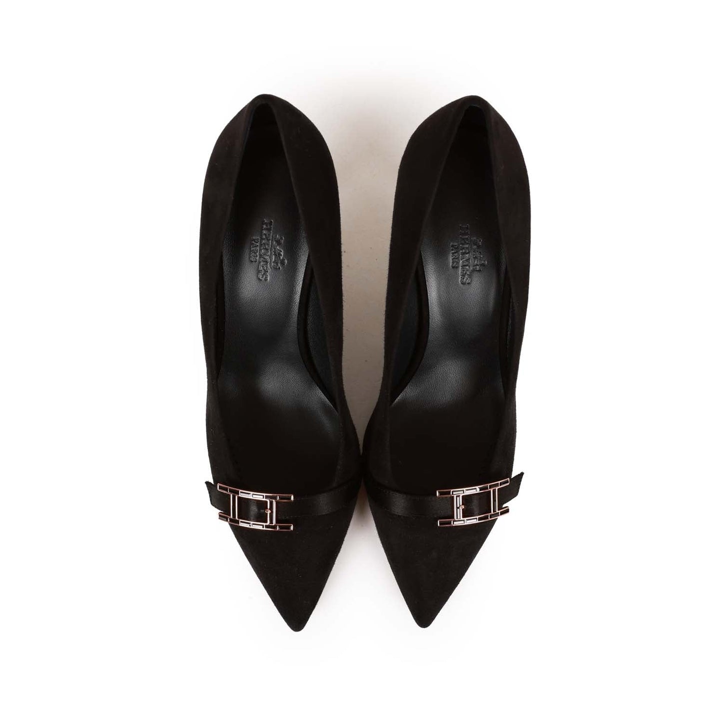 Hermes Blush Pump Black Suede Rose Gold Hardware 38