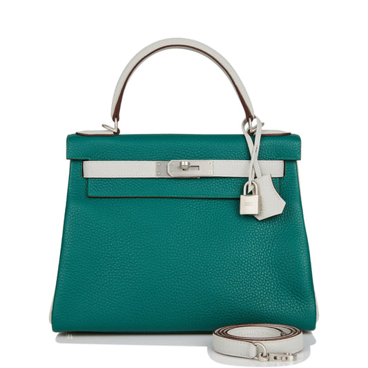Hermes Special Order (HSS) Kelly Retourne 28 Malachite and Gris Perle Clemence Brushed Palladium Hardware