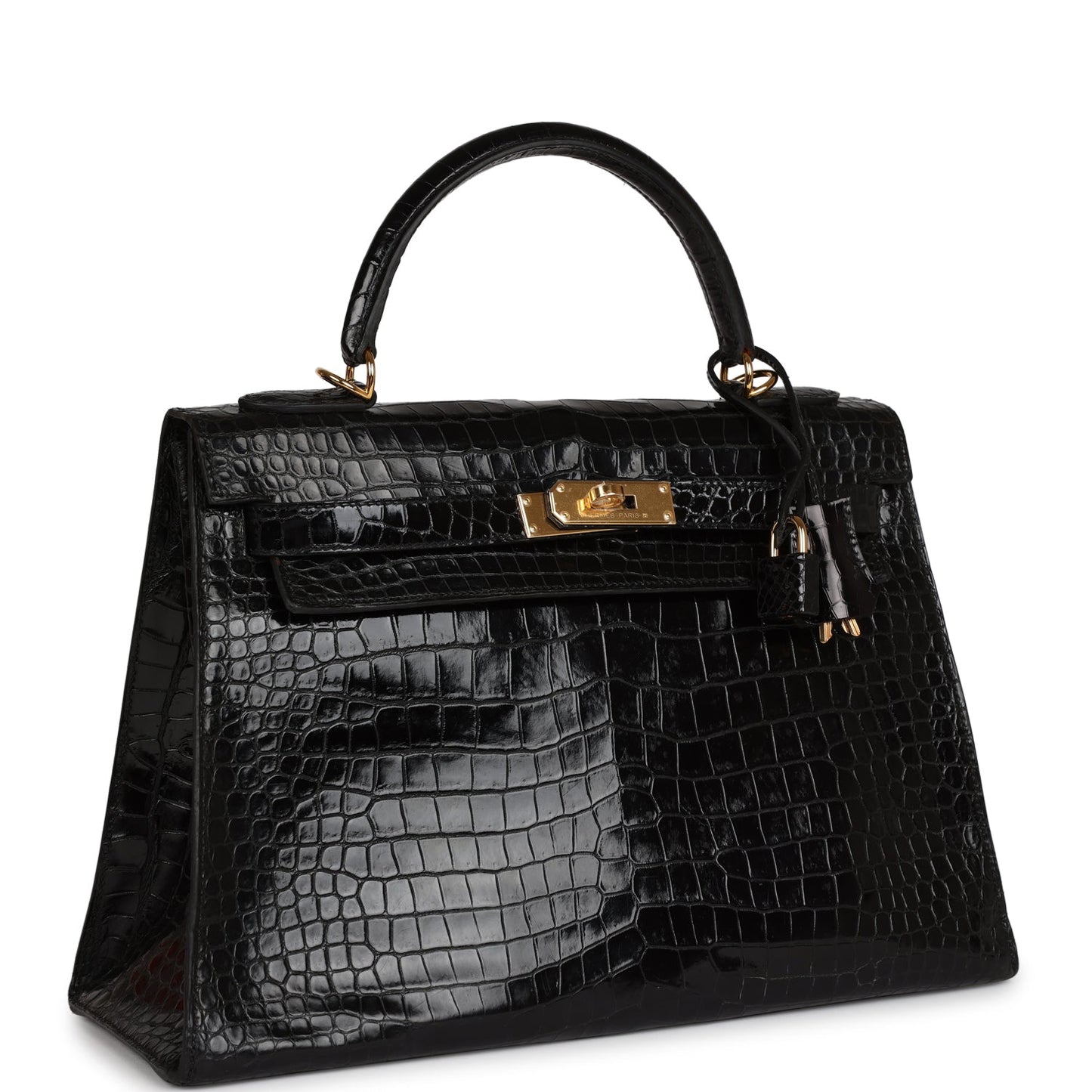 Vintage Hermes Kelly Sellier 32 Black Shiny Porosus Crocodile Gold Hardware