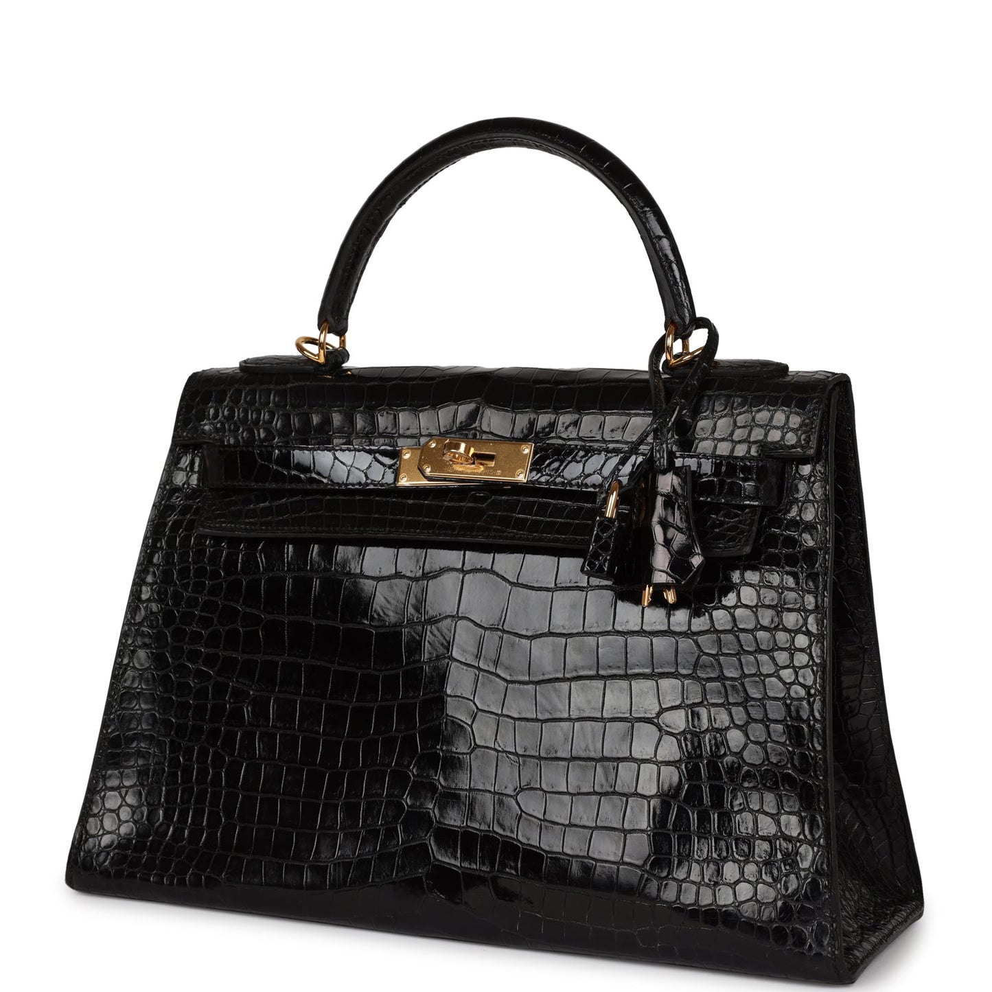 Vintage Hermes Kelly Sellier 32 Black Shiny Porosus Crocodile Gold Hardware