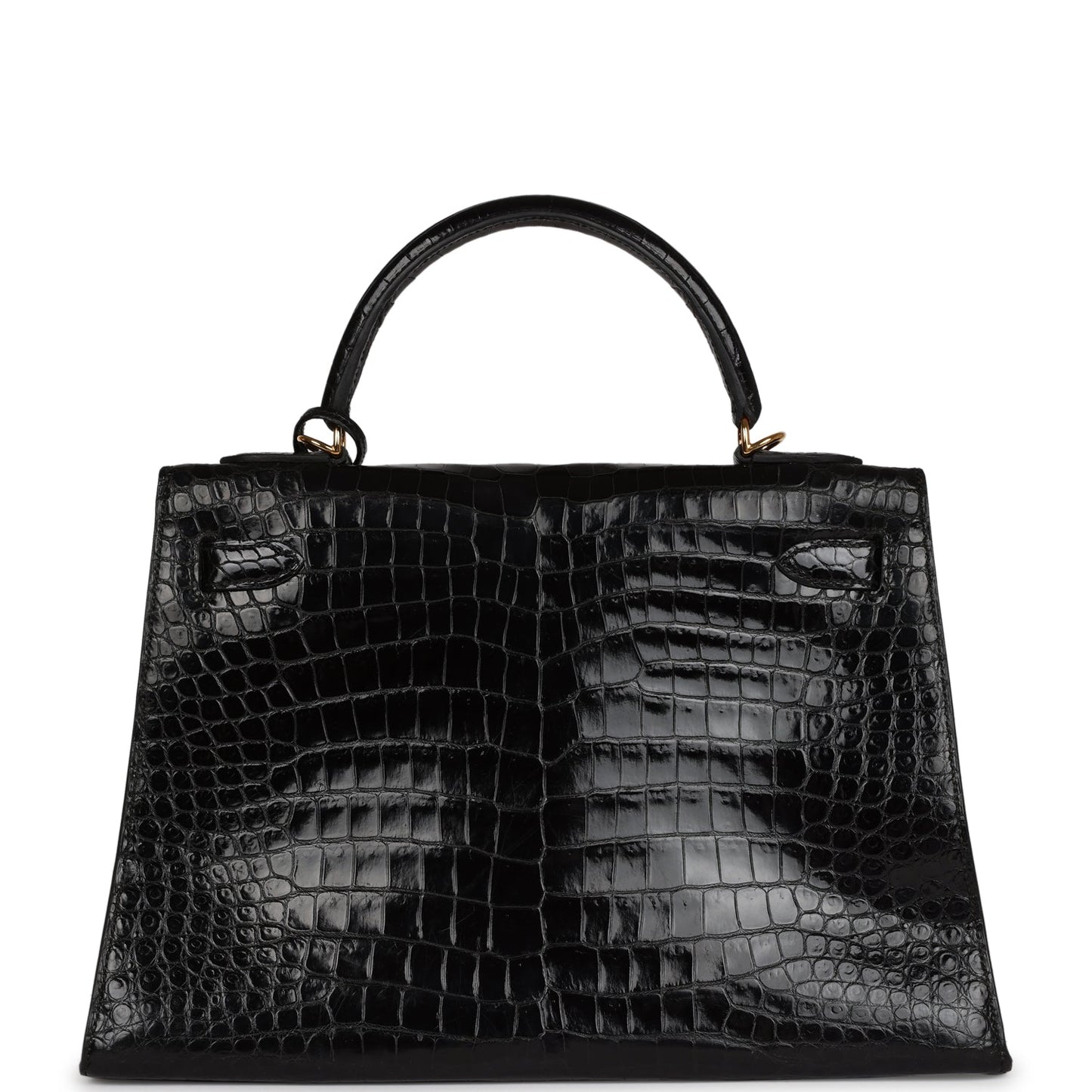 Vintage Hermes Kelly Sellier 32 Black Shiny Porosus Crocodile Gold Hardware