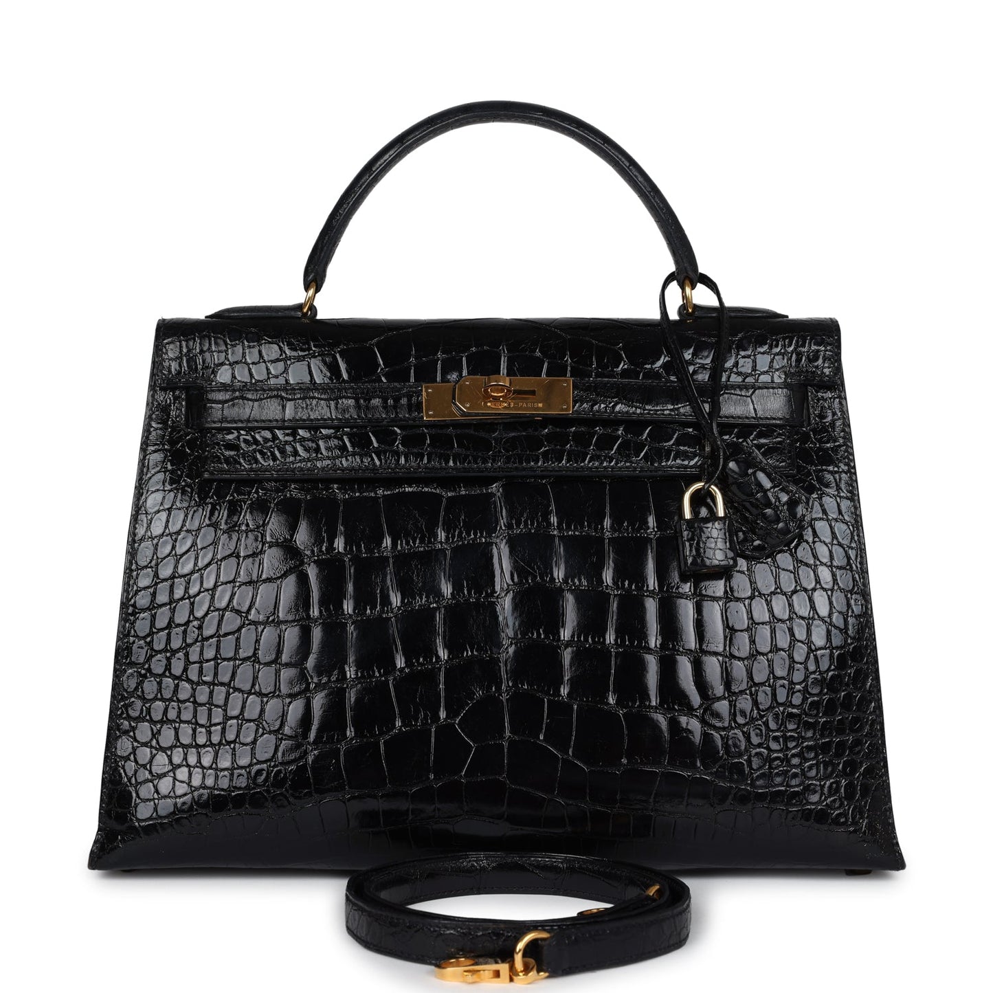 Vintage Hermes Kelly Sellier 32 Black Shiny Alligator Gold Hardware