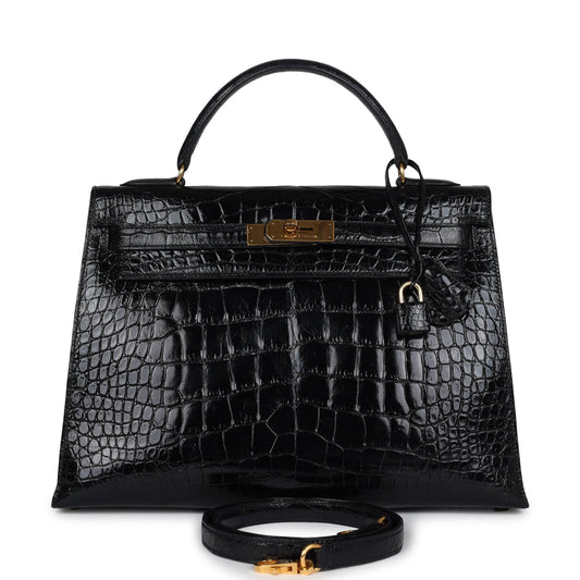 Vintage Hermes Kelly Sellier 32 Black Shiny Alligator Gold Hardware