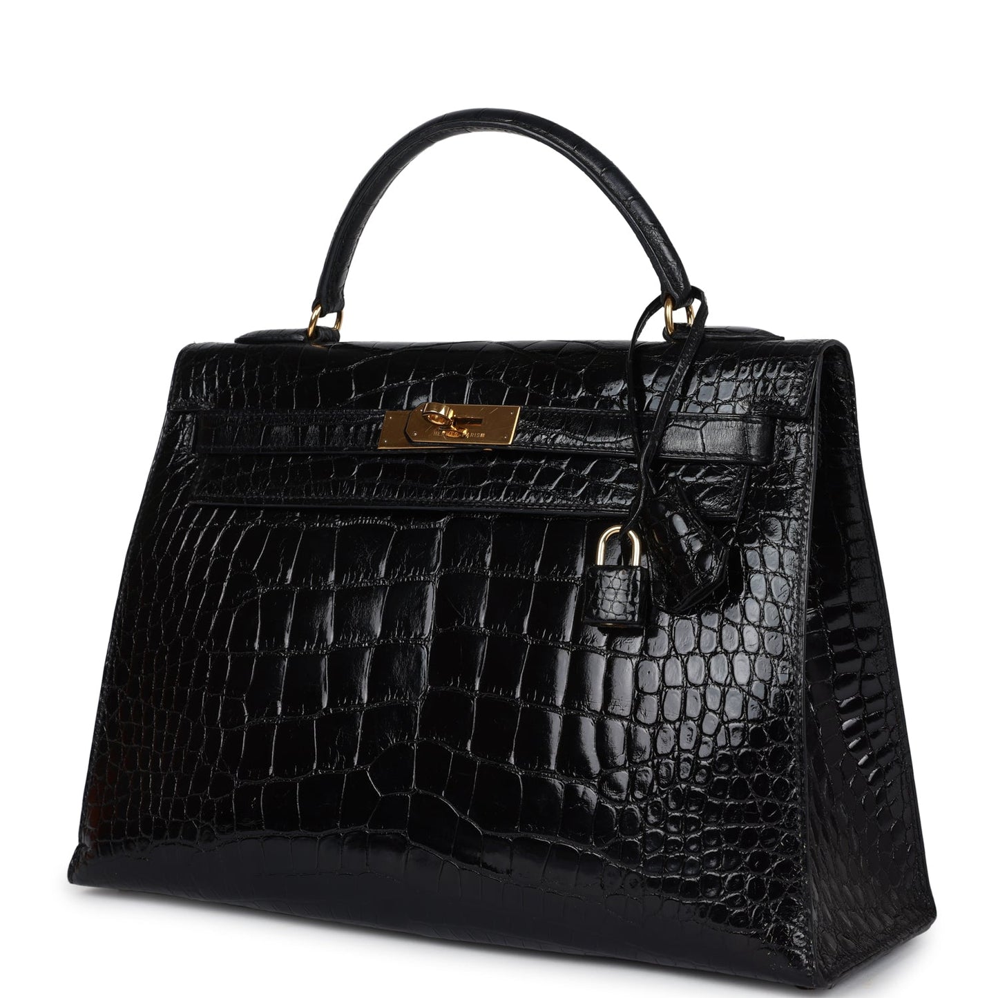 Vintage Hermes Kelly Sellier 32 Black Shiny Alligator Gold Hardware