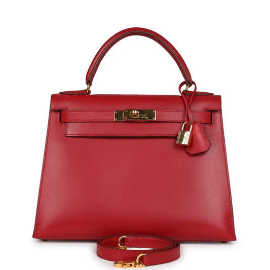 Vintage Hermes Kelly Sellier 28 Rouge Vif Box Gold Hardware