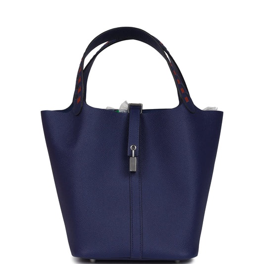 Hermes Picotin Lock 22 Tressage De Cuir Bleu Encre, Brique and Black Epsom Palladium Hardware