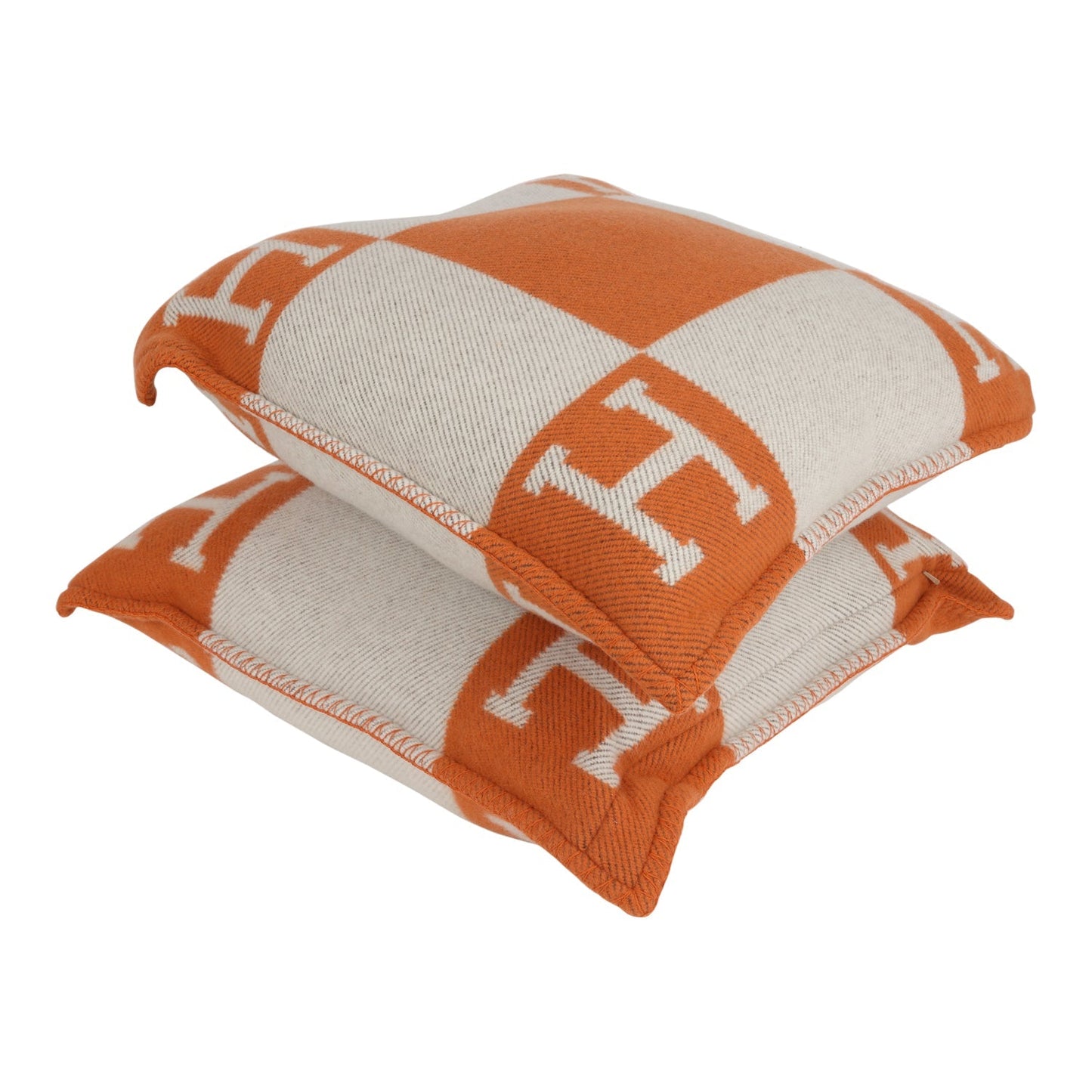 Hermes "Avalon" Ecru and Potiron Signature H Cushion PM Set of Two