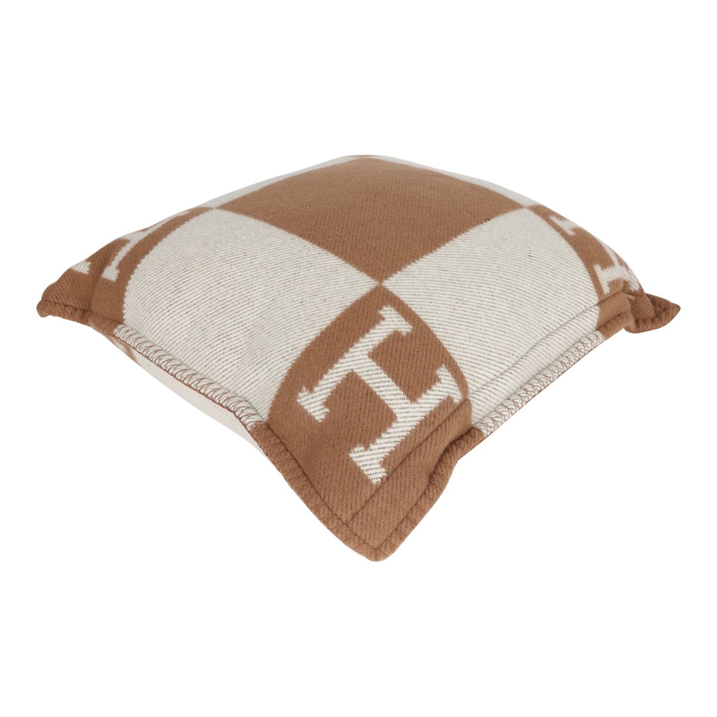 Hermes "Avalon" Signature H Cushion PM Ecru and Camel Set