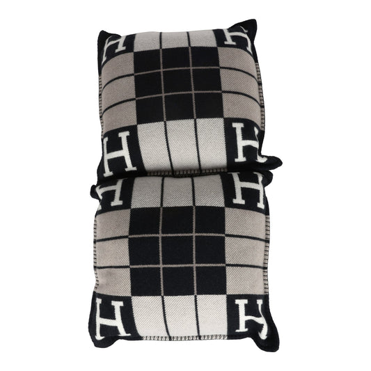 Hermes "Avalon III" Signature H Cushion PM Ecru and Gris Fonce Set