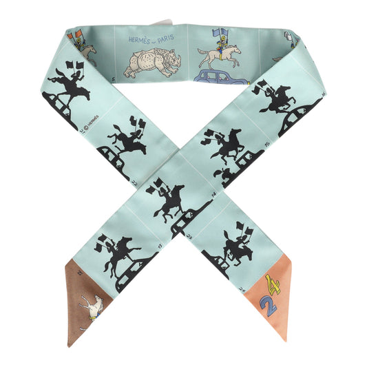 Hermes "Parade" Vert Amande and Marron Multi Silk Twilly Pair