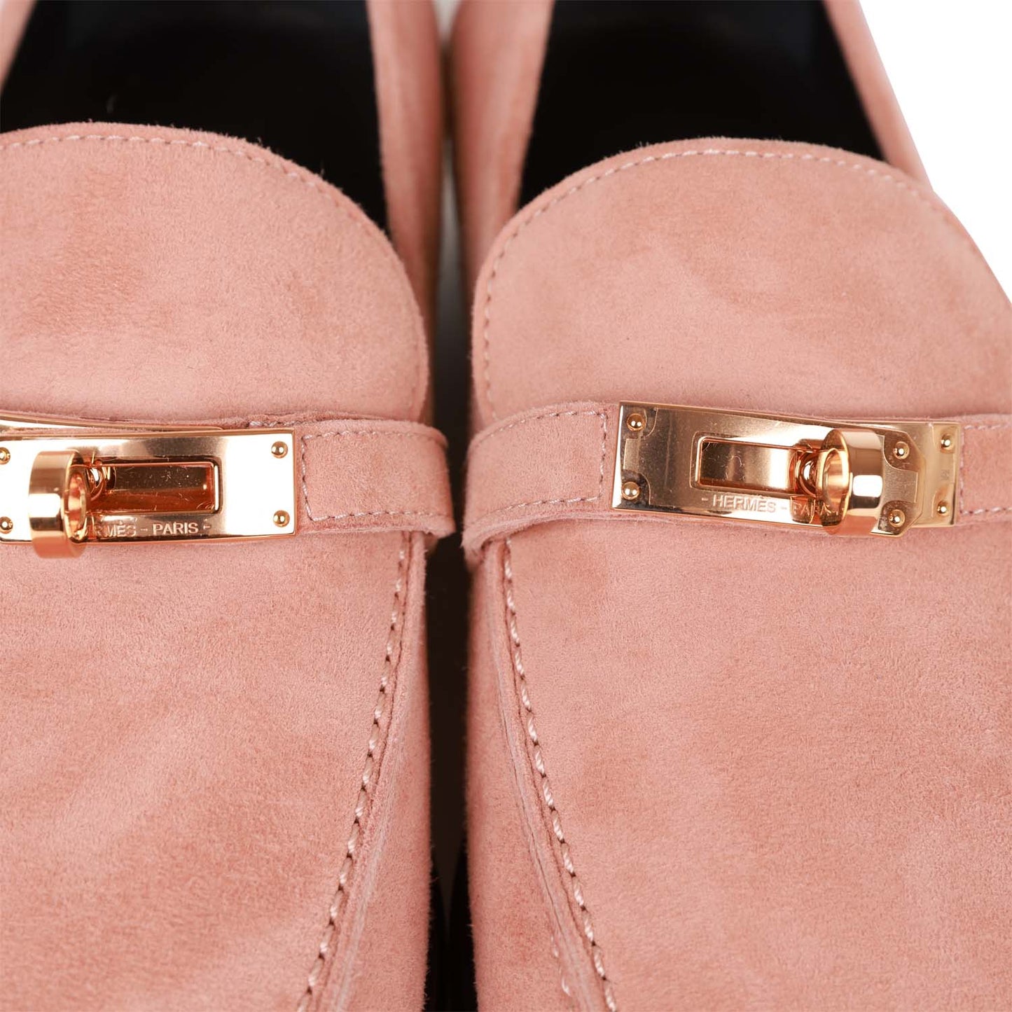 Hermes Destin Loafer Rose Aube Suede Rose Gold Hardware 38