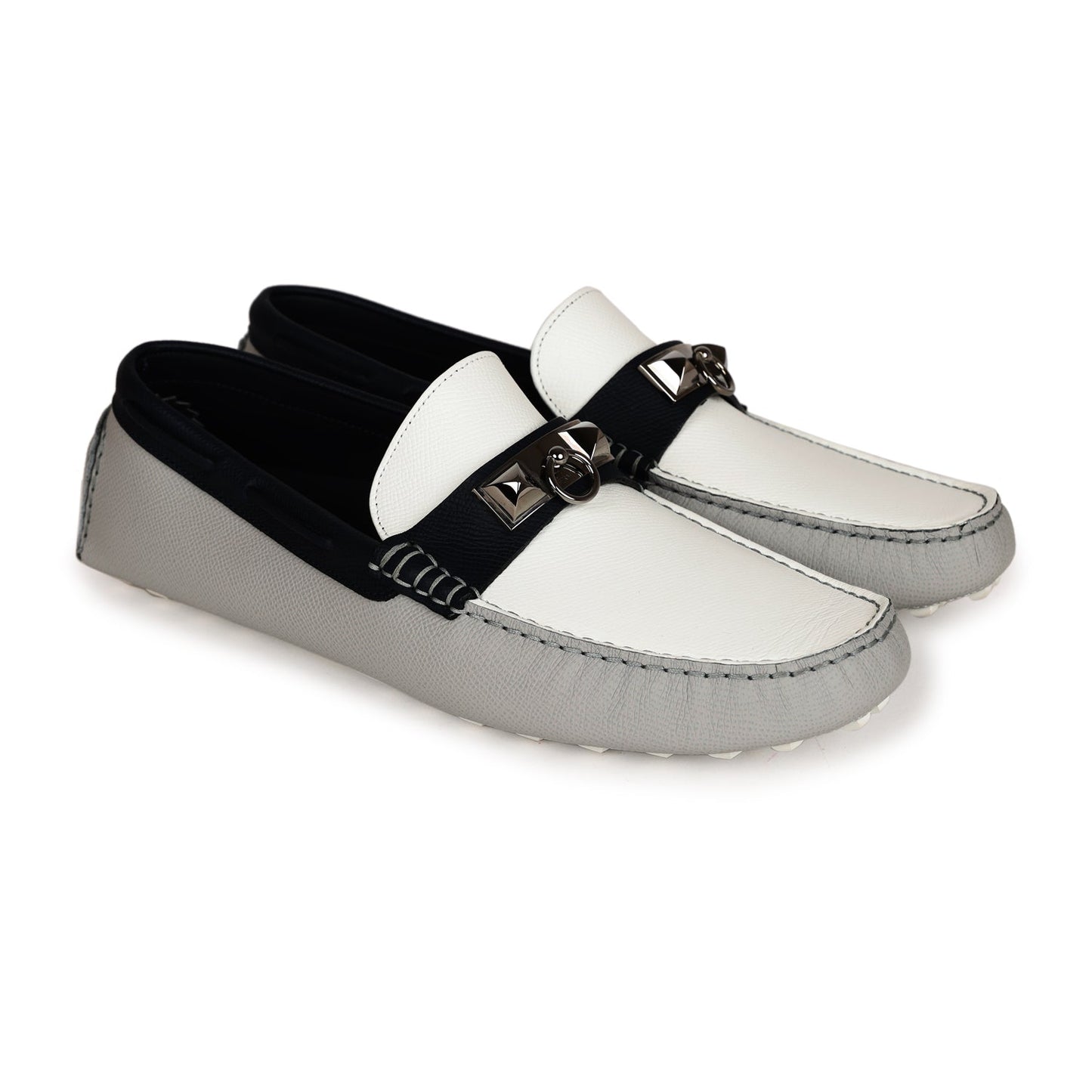 Hermes Irving Loafer White, Bleu Glacier, Bleu Nuit Epsom Palladium Hardware 42 EU