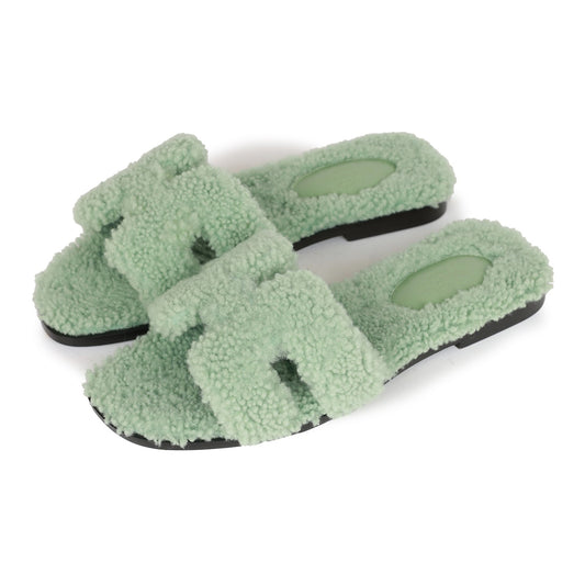 Hermes Oran Sandals Vert D'eau Woolskin 36