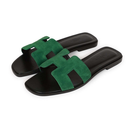 Hermes Oran Sandals Vert Electrique Suede 38