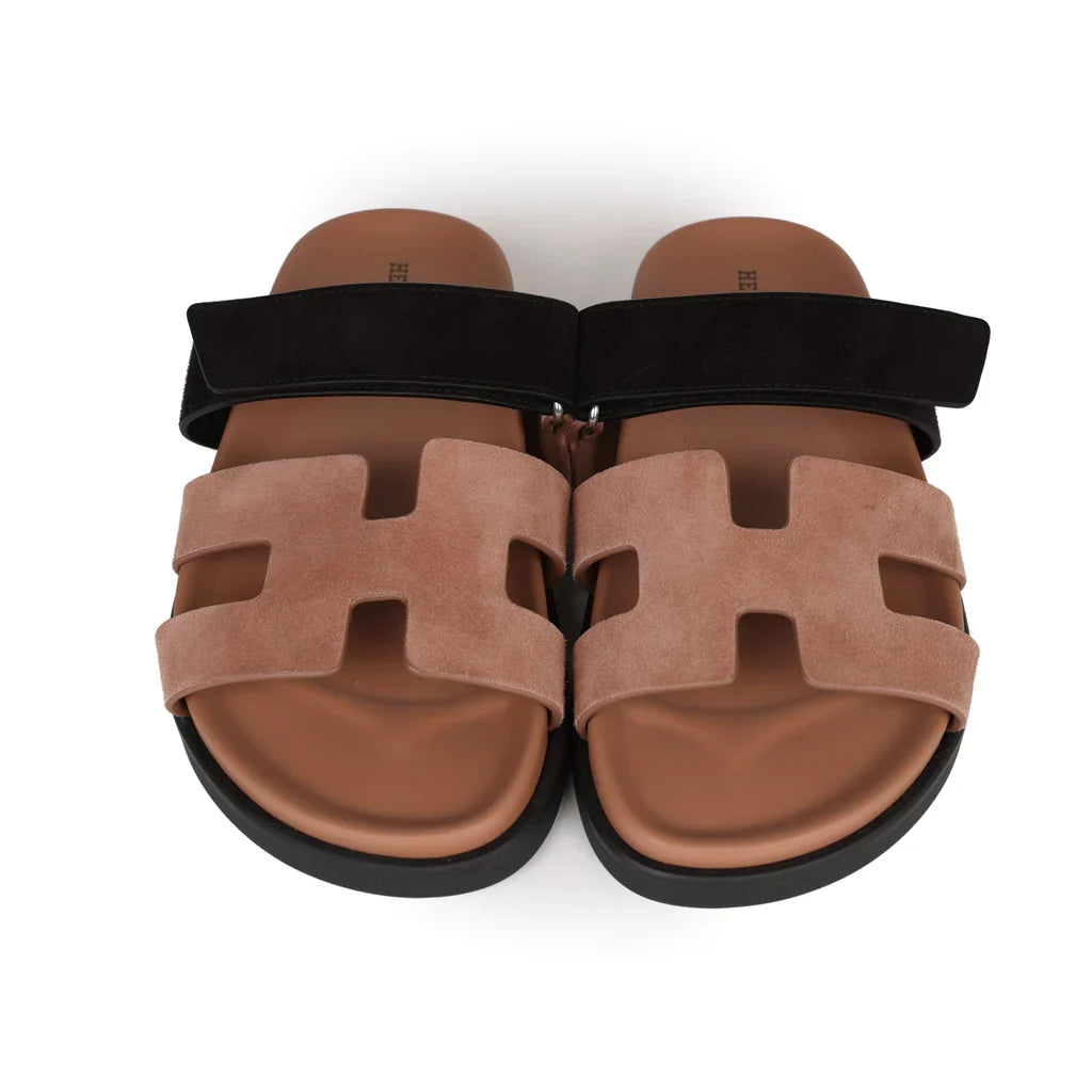 Hermes Chypre Sandal Suede Rose Perle / Noir