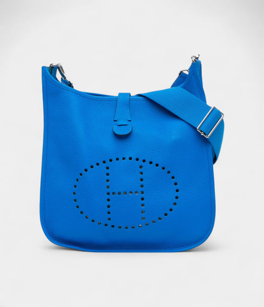 Hermès Clemence Evelyne III 29 Blue Calf Leather Crossbody Bag