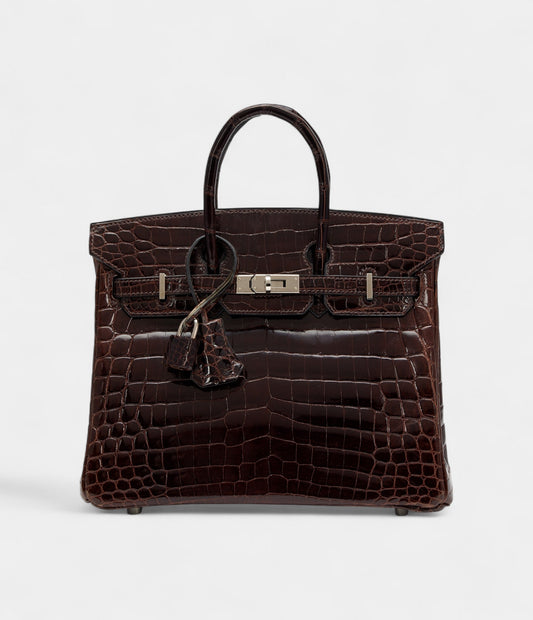 Hermes Cocoan Shiny Niloticus Crocodile Birkin 25 Palladium Hardware