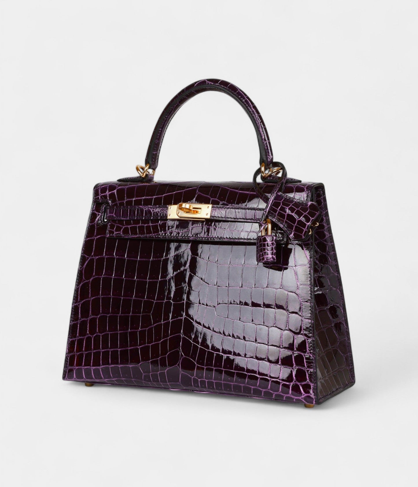 Hermes Kelly 25 Aubergine Shiny Niloticus Crocodile Gold Hardware