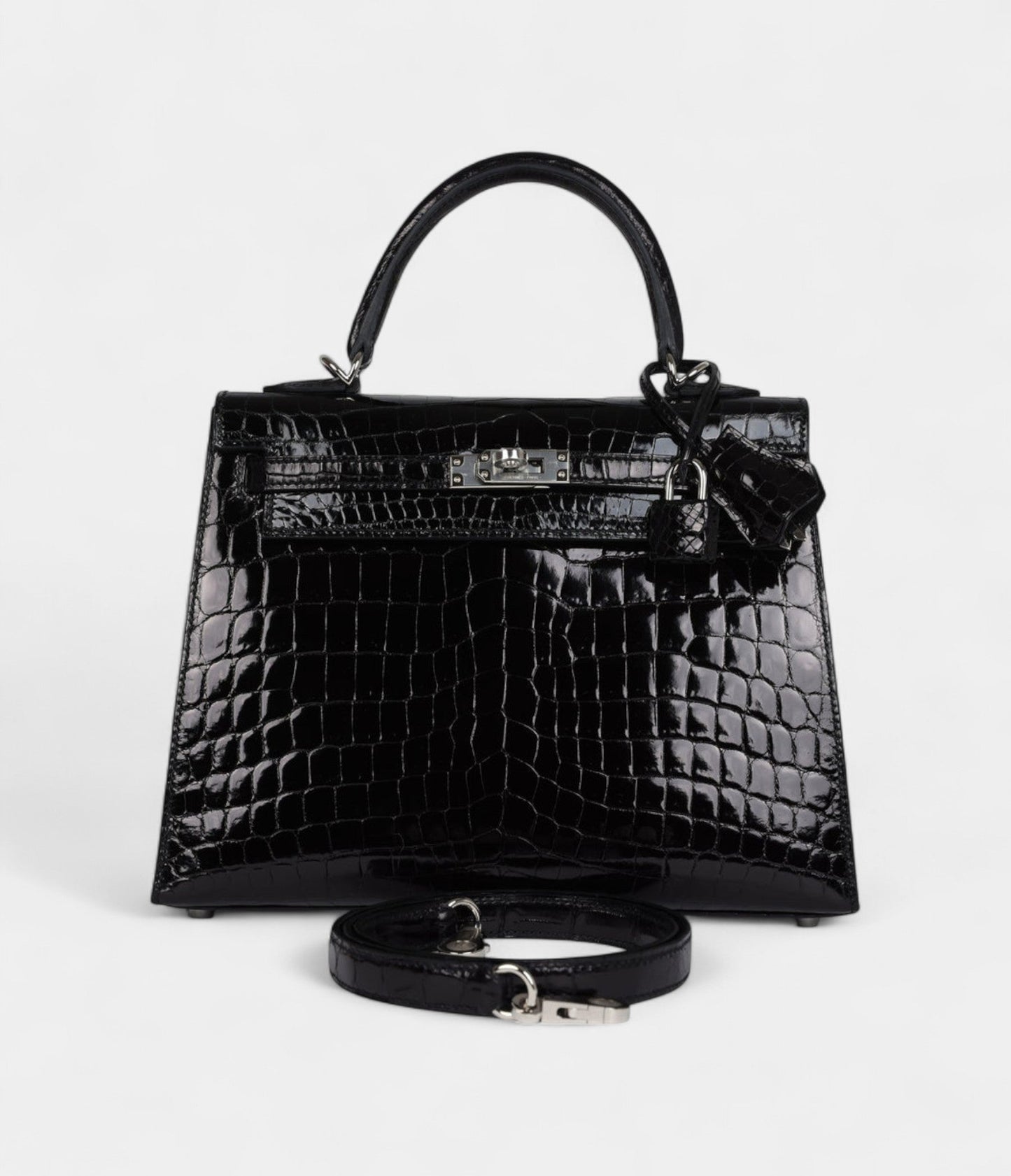 Hermes Kelly 25 Black Shiny Niloticus Crocodile Palladium Hardware