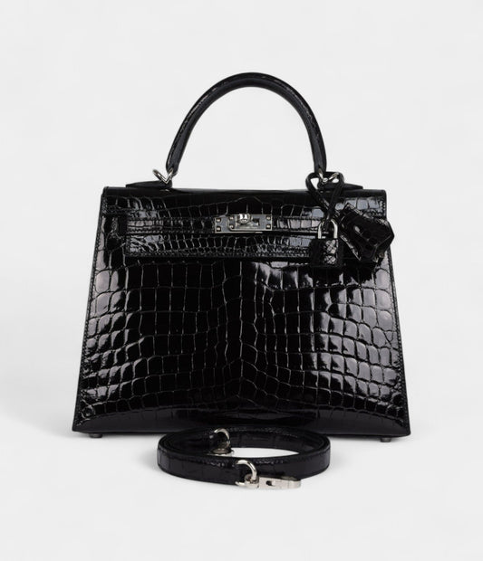Hermes Kelly 25 Black Shiny Niloticus Crocodile Palladium Hardware