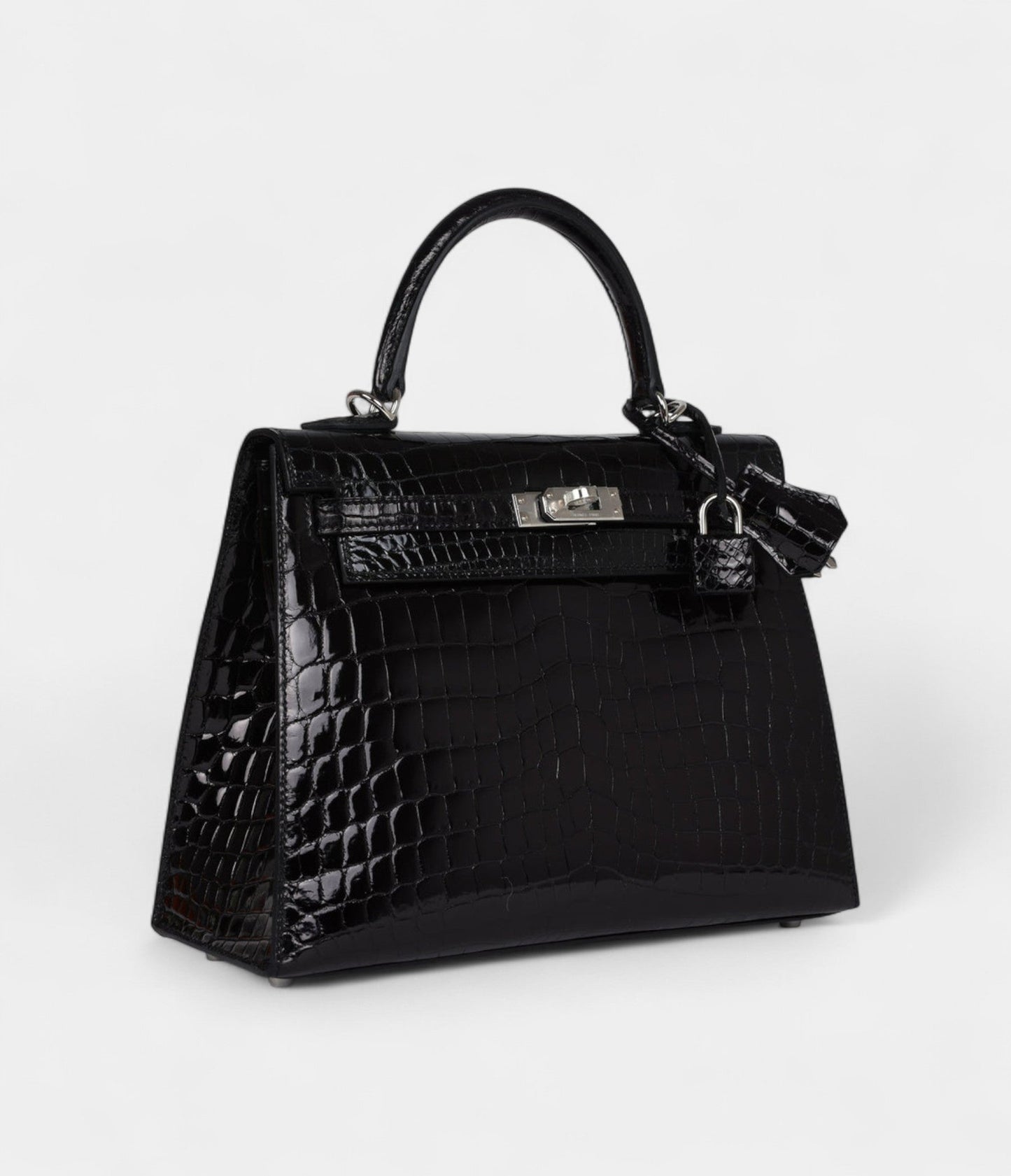 Hermes Kelly 25 Black Shiny Niloticus Crocodile Palladium Hardware