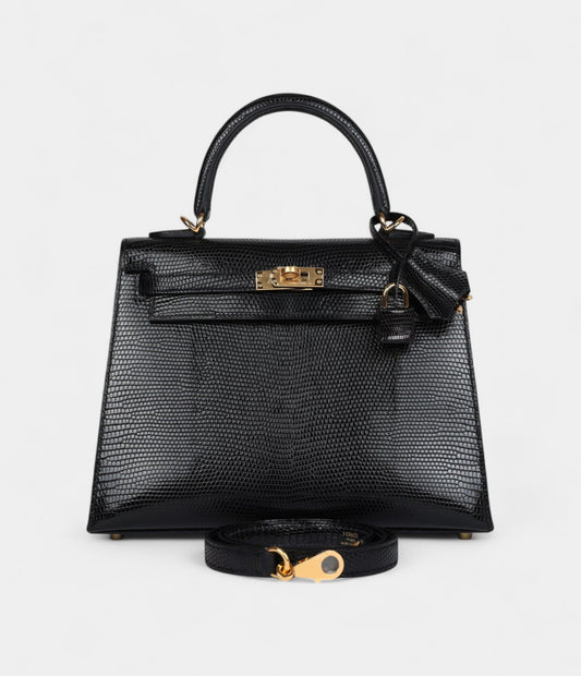 Hermes Kelly 25 Black Varanus Niloticus Lizard Gold Hardware