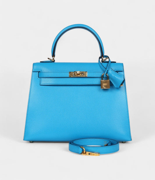 Hermes Kelly 25 Bleu Frida Chevre Gold Hardware