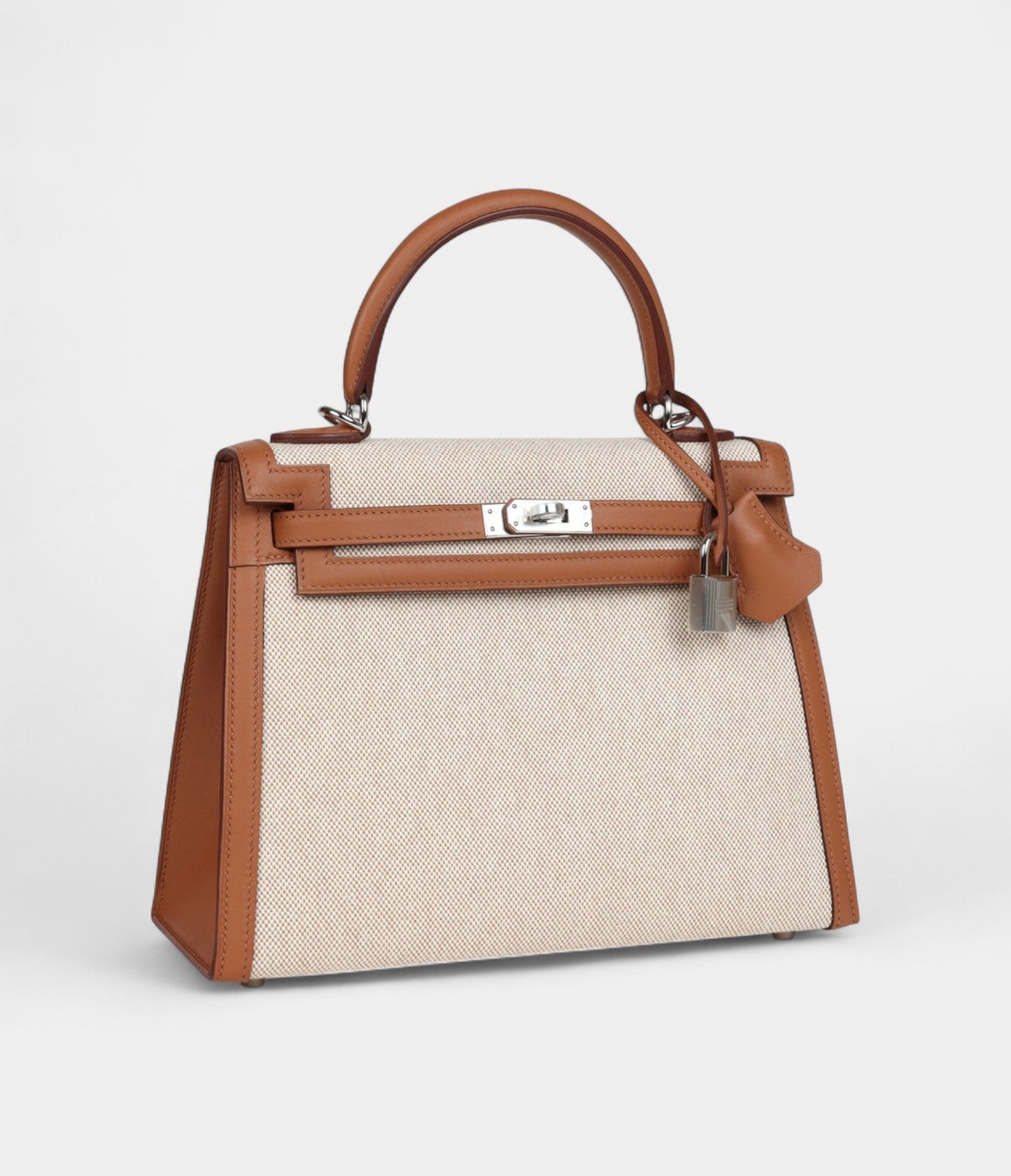 Hermes Kelly 25 Gold Swift and Ecru Toile Palladium Hardware