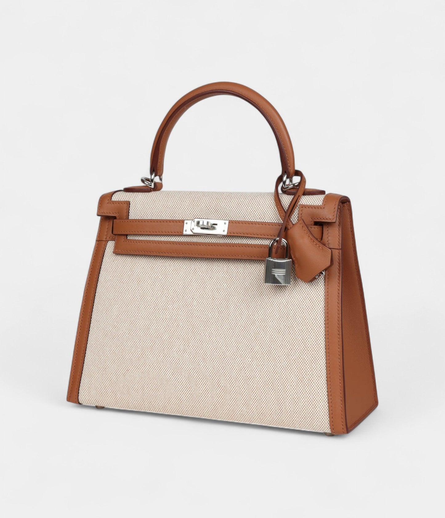 Hermes Kelly 25 Gold Swift and Ecru Toile Palladium Hardware
