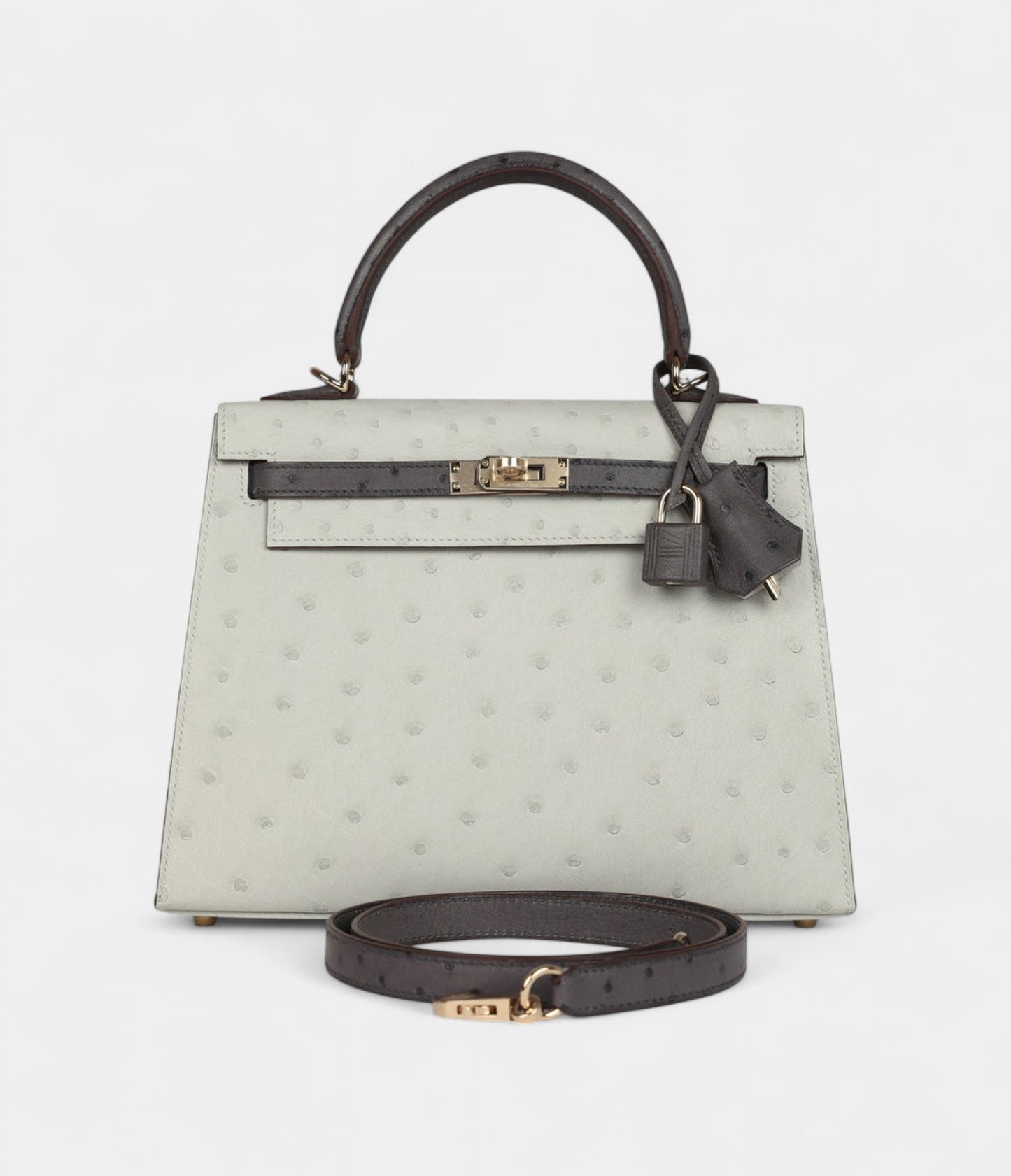 Hermes Kelly 25 Gris Perle and Graphite Ostrich Permabrass Hardware