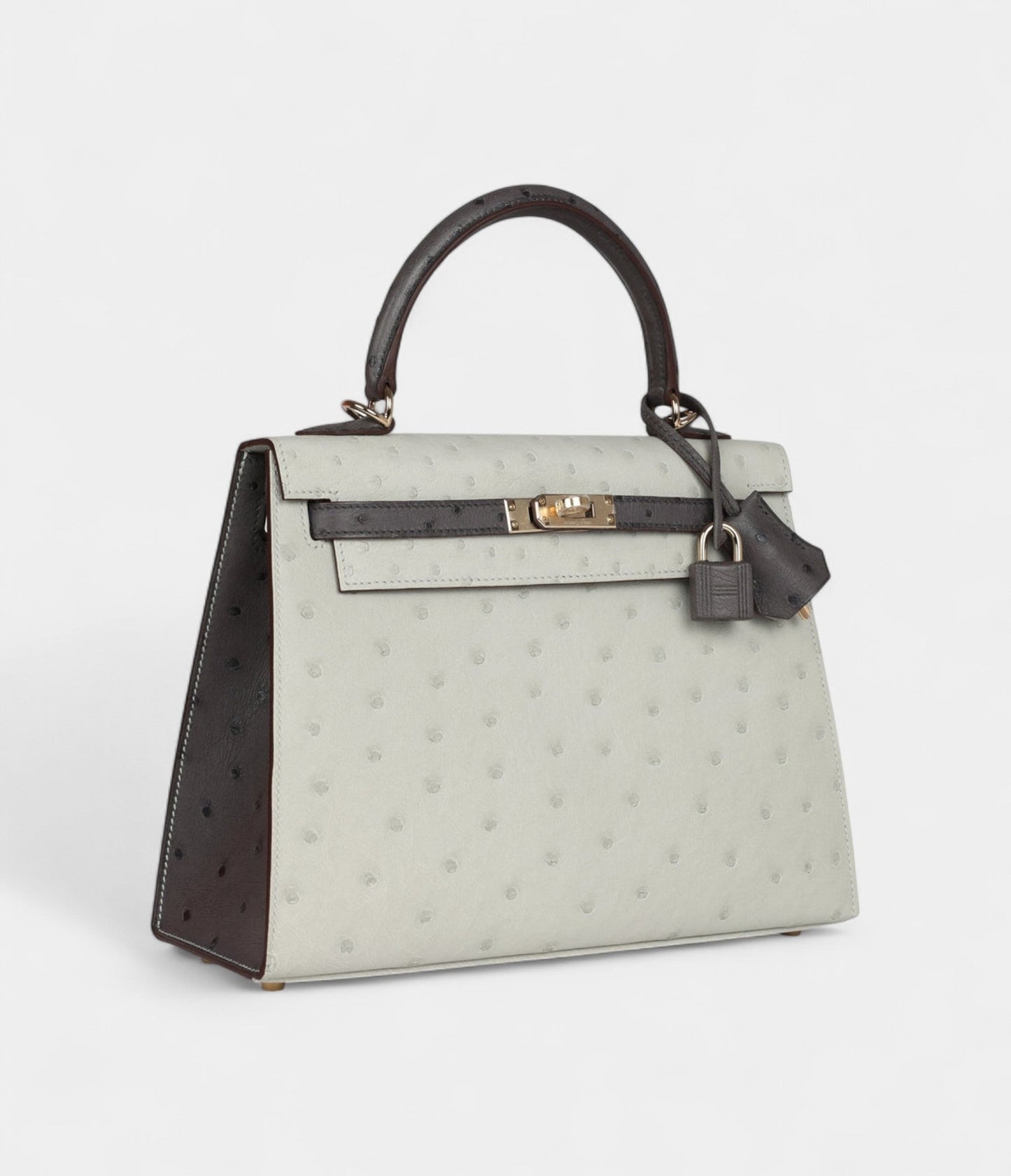 Hermes Kelly 25 Gris Perle and Graphite Ostrich Permabrass Hardware