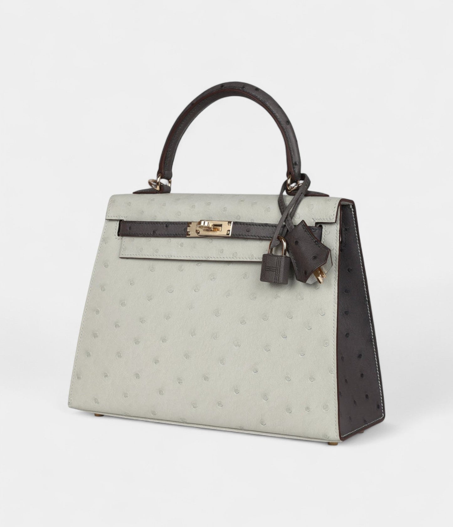 Hermes Kelly 25 Gris Perle and Graphite Ostrich Permabrass Hardware
