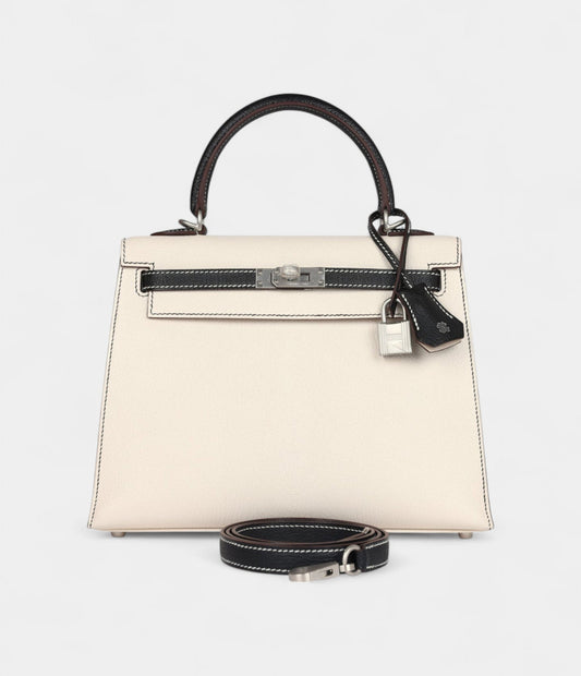 Hermes Kelly 25 Nata and Black Chevre Mysore Brushed Palladium Hardware