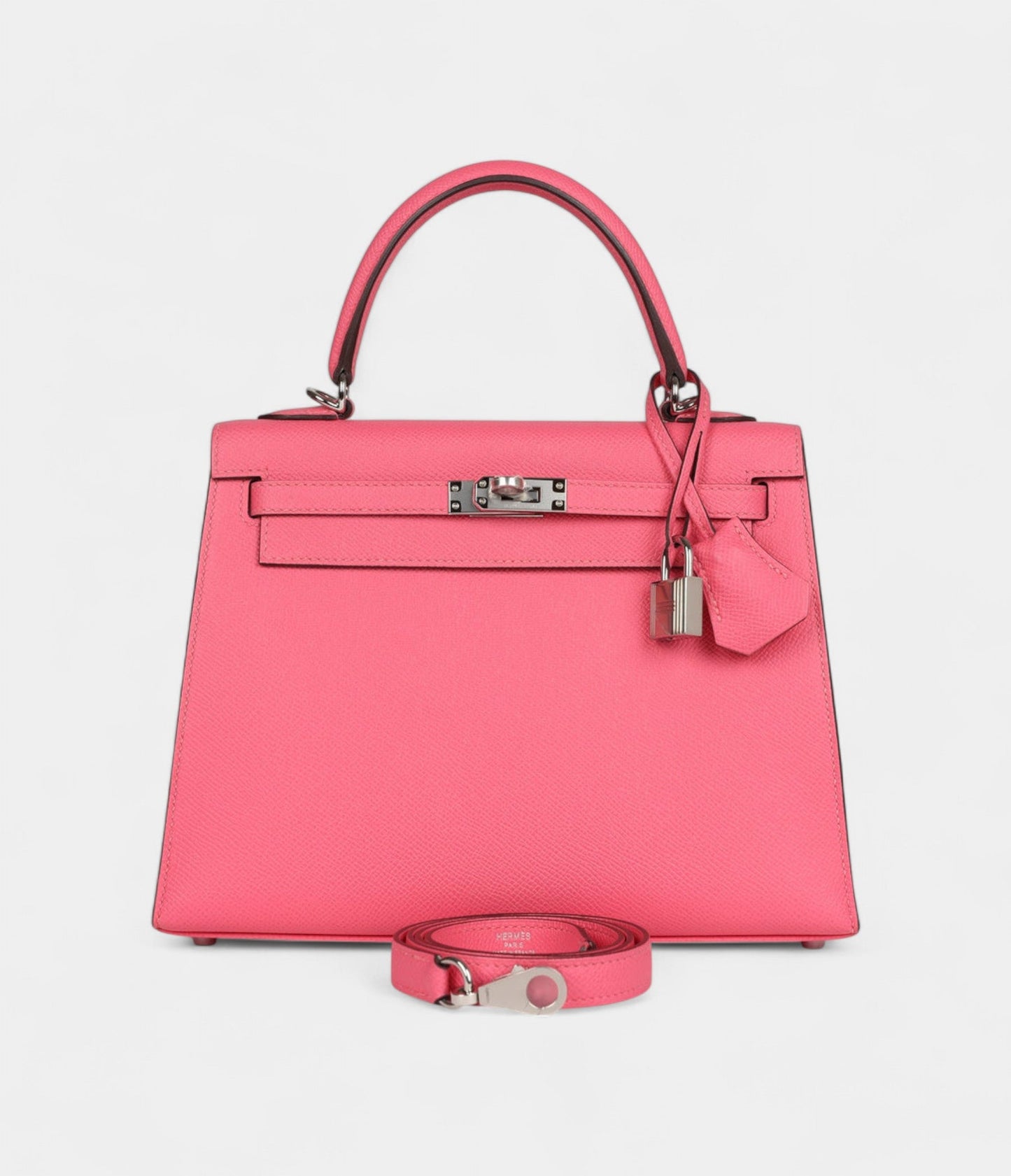 Hermes Kelly 25 Rose Azalee Epsom Palladium Hardware