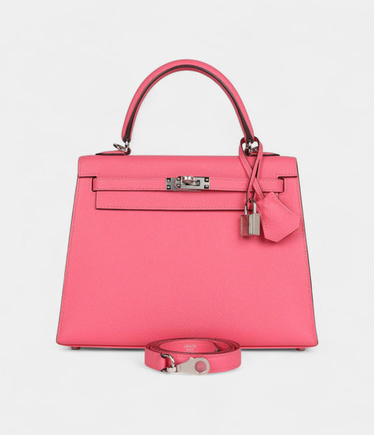 Hermes Kelly 25 Rose Azalee Epsom Palladium Hardware