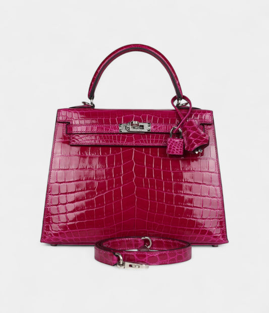 Hermes Kelly 25 Rose Purple Shiny Niloticus Crocodile Palladium Hardware