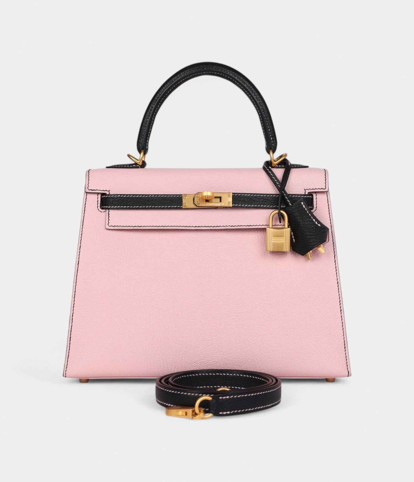 Hermes Kelly 25 Rose Sakura and Black Chevre Mysore Brushed Gold Hardware