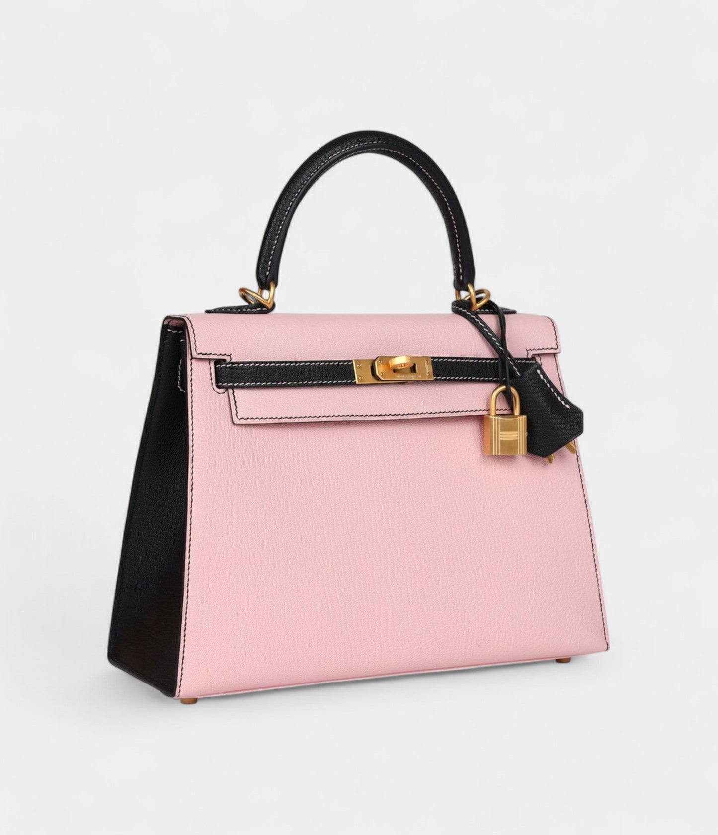 Hermes Kelly 25 Rose Sakura and Black Chevre Mysore Brushed Gold Hardware