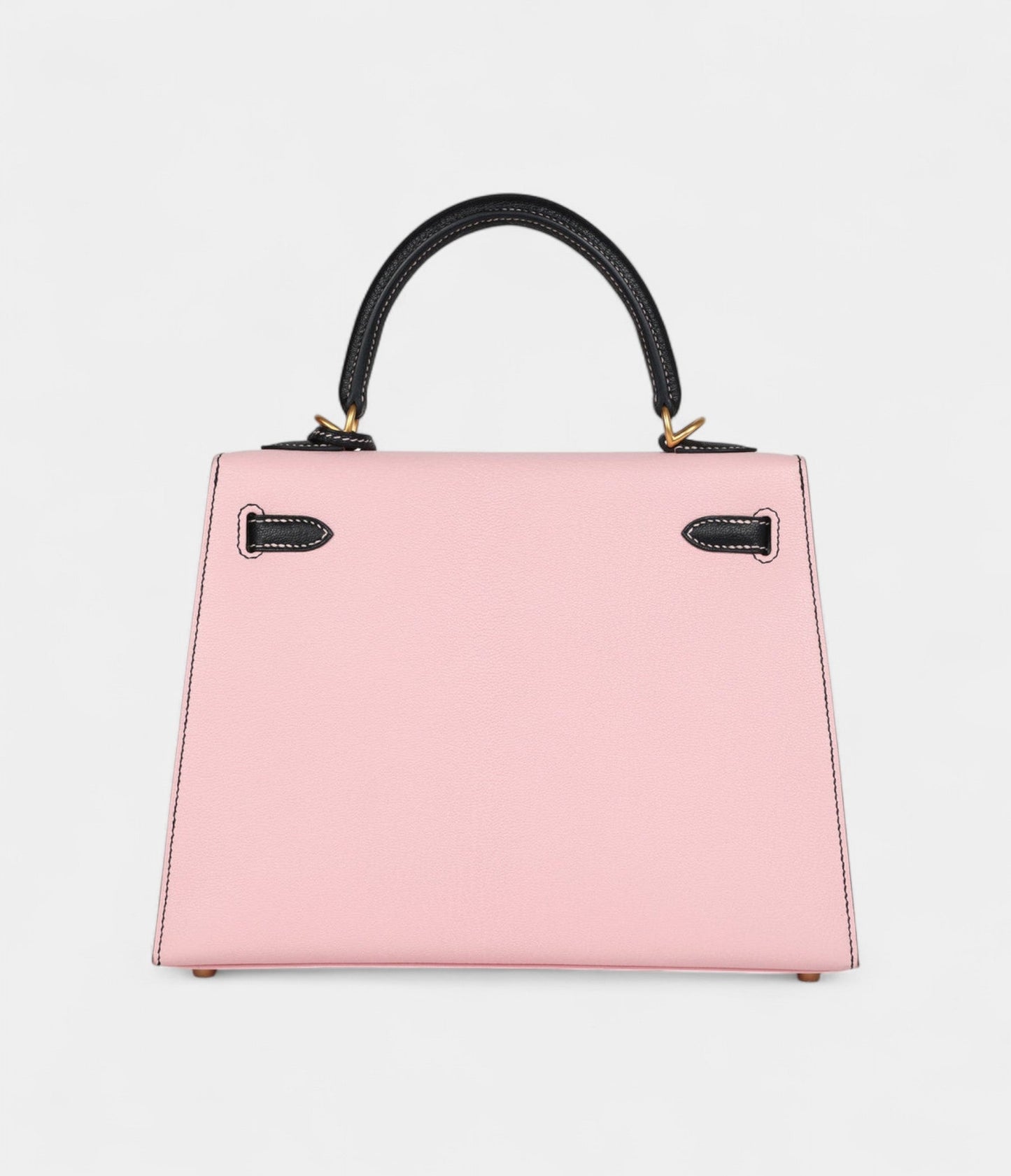 Hermes Kelly 25 Rose Sakura and Black Chevre Mysore Brushed Gold Hardware