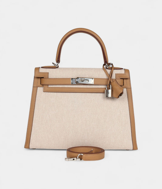Hermes Kelly 28 Biscuit Toile H Canvas and Swift Palladium Hardware