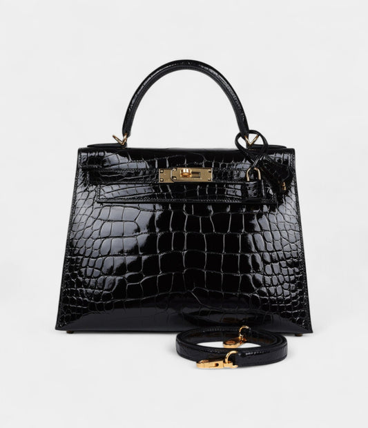 Hermes Kelly 28 Black Shiny Alligator Gold Hardware