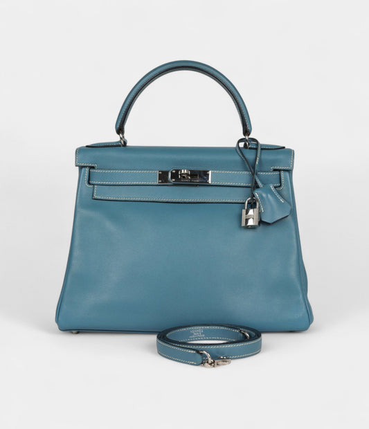 Hermes Kelly 28 Blue Jean Gulliver Palladium Hardware
