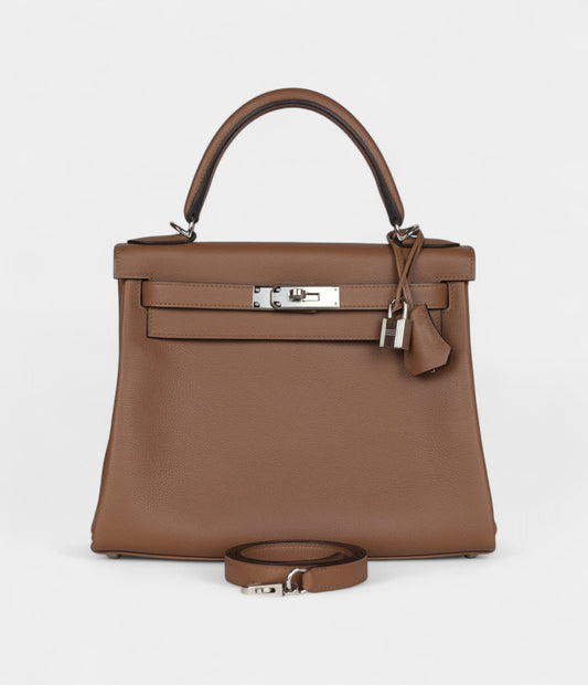 Hermes Kelly 28 Chestnut Evercolor Palladium Hardware