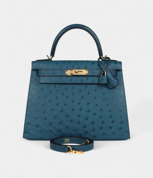 Hermes Kelly 28 Cobalt Ostrich Gold Hardware