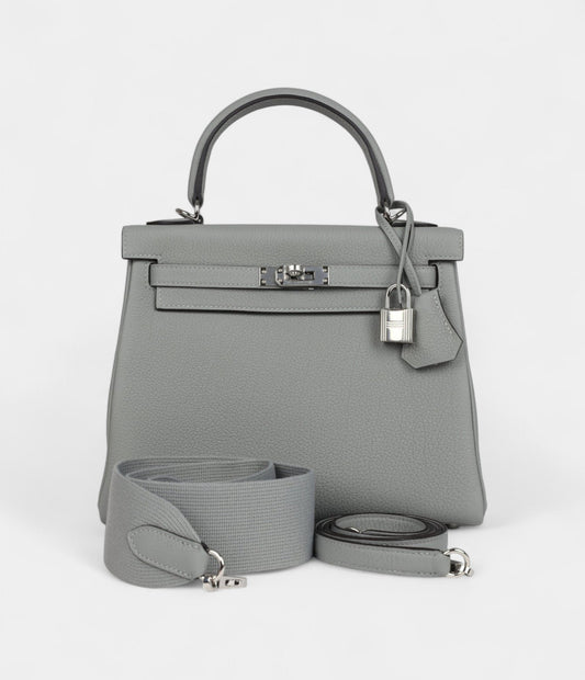 Hermes Kelly 28 Grey Seagull Togo Palladium Hardware